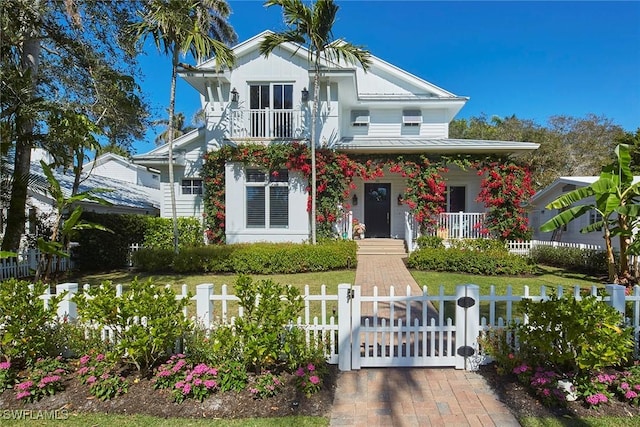 view of front of house with metal roof, a fenced front yard, a gate, a front lawn, and a standing seam roof