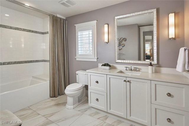 bathroom with toilet, shower / tub combo, vanity, visible vents, and marble finish floor