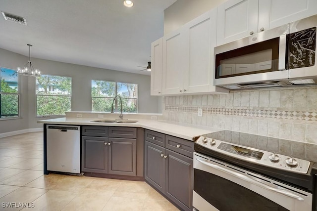 kitchen with kitchen peninsula, sink, tasteful backsplash, appliances with stainless steel finishes, and white cabinets