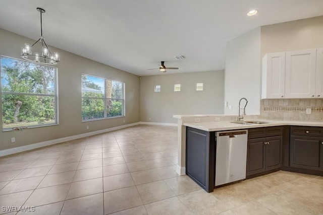 kitchen featuring sink, dishwasher, ceiling fan with notable chandelier, dark brown cabinets, and decorative backsplash