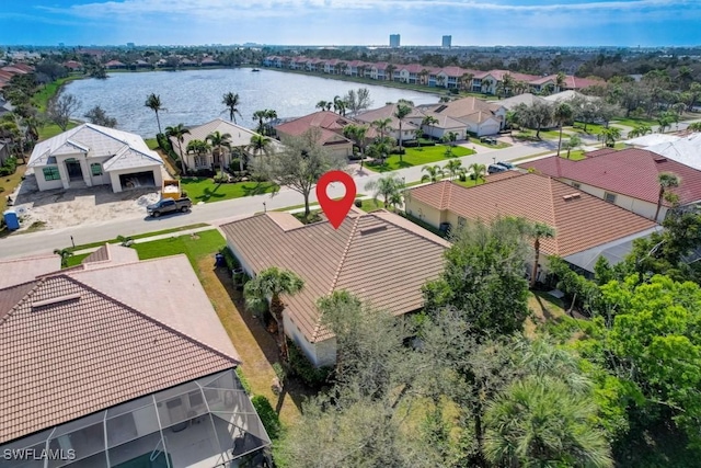 drone / aerial view featuring a water view