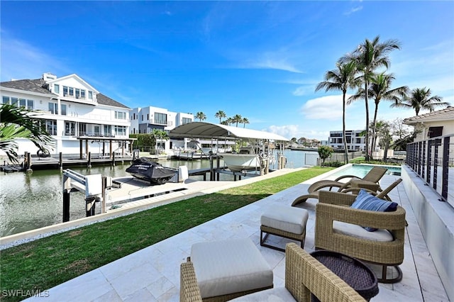 exterior space with a water view and boat lift