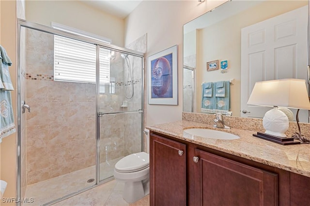 bathroom with a stall shower, tile patterned flooring, vanity, and toilet