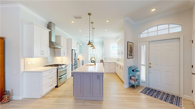 kitchen featuring wall chimney exhaust hood, appliances with stainless steel finishes, a sink, light wood-type flooring, and backsplash