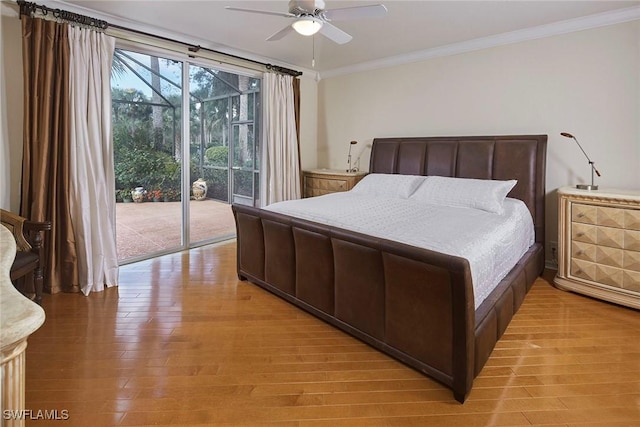 bedroom featuring access to outside, crown molding, ceiling fan, and light wood-style flooring