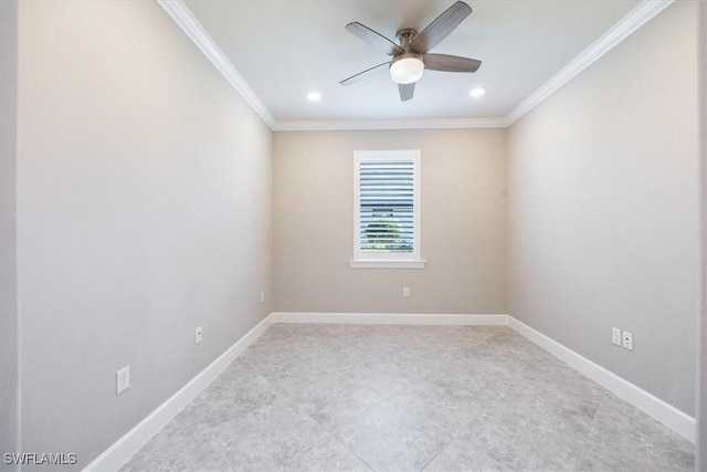 empty room featuring recessed lighting, crown molding, baseboards, and ceiling fan