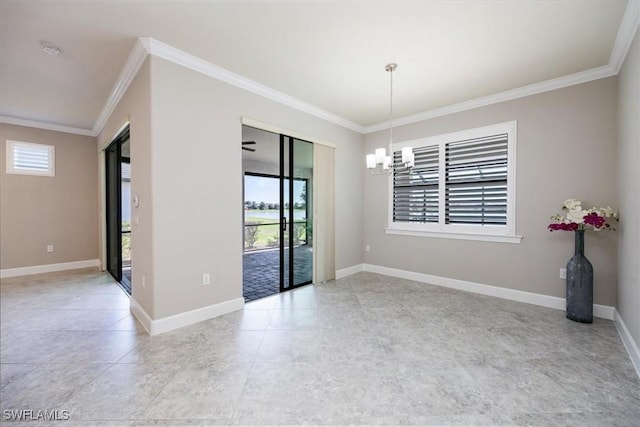 empty room with an inviting chandelier, baseboards, and crown molding