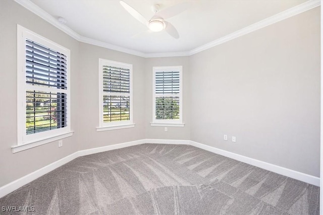 carpeted spare room with plenty of natural light, baseboards, and crown molding