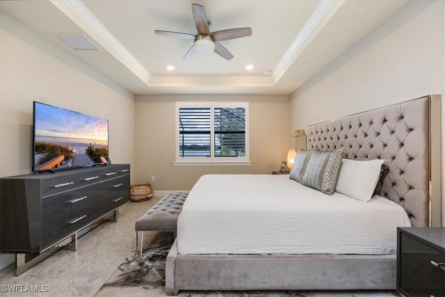 bedroom with recessed lighting, a ceiling fan, baseboards, ornamental molding, and a raised ceiling