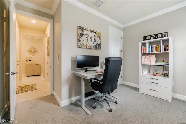 home office featuring light carpet, crown molding, and visible vents