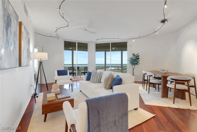 living room featuring hardwood / wood-style floors, a wall of windows, and rail lighting