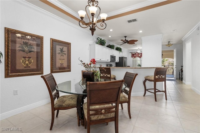 dining area with visible vents, crown molding, baseboards, light tile patterned floors, and recessed lighting