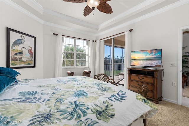 carpeted bedroom with access to exterior, crown molding, baseboards, and ceiling fan