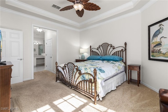 bedroom featuring visible vents, light colored carpet, and ornamental molding