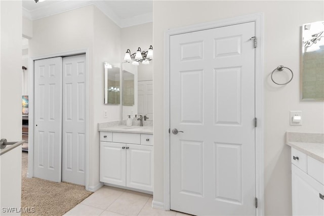 full bath featuring tile patterned flooring, vanity, and crown molding