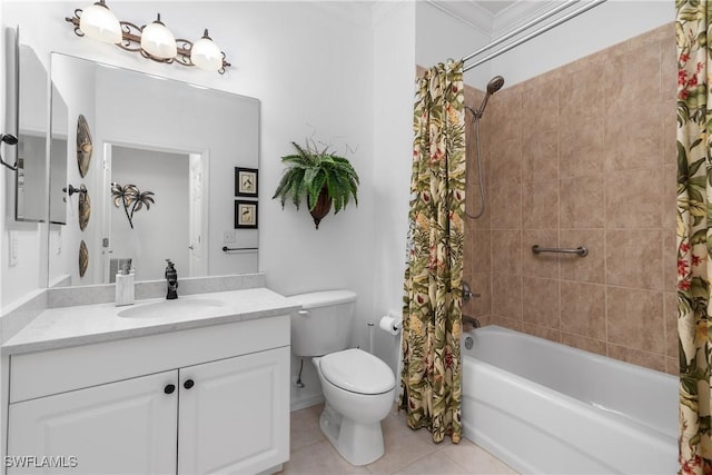 full bathroom featuring shower / tub combo, toilet, vanity, and tile patterned flooring