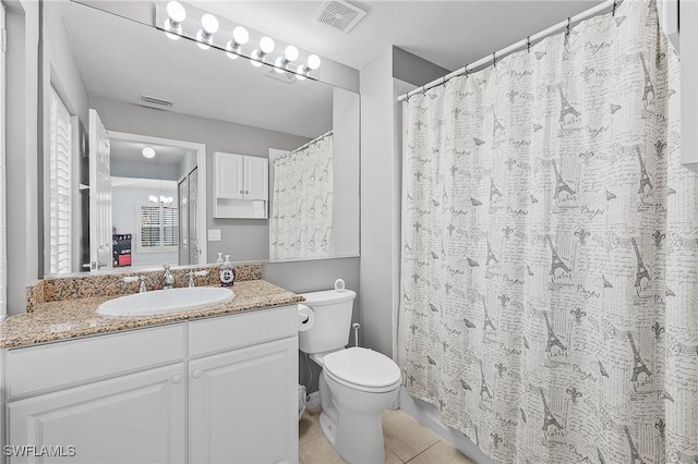 full bath featuring toilet, vanity, tile patterned flooring, and visible vents