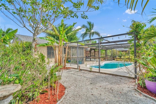 outdoor pool with glass enclosure and a patio