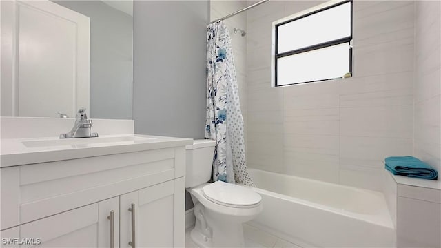 bathroom with toilet, shower / bath combo with shower curtain, and vanity