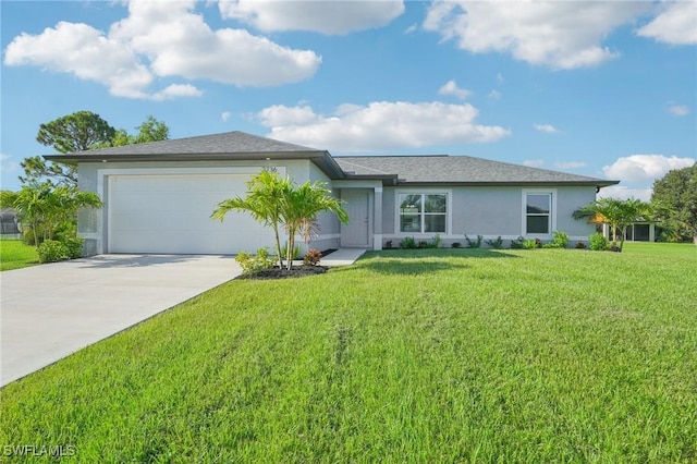 view of front of property with a garage, concrete driveway, a front yard, and stucco siding