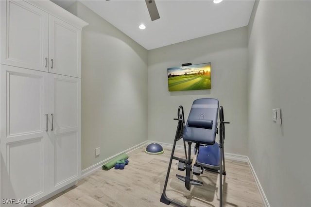 exercise area with light wood-style floors, recessed lighting, baseboards, and a ceiling fan