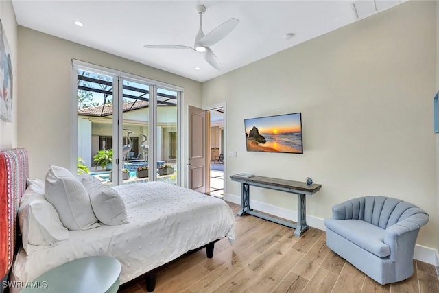 bedroom with baseboards, ceiling fan, access to exterior, light wood-type flooring, and recessed lighting