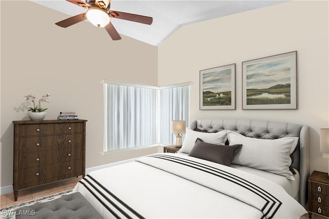 tiled bedroom with vaulted ceiling and ceiling fan