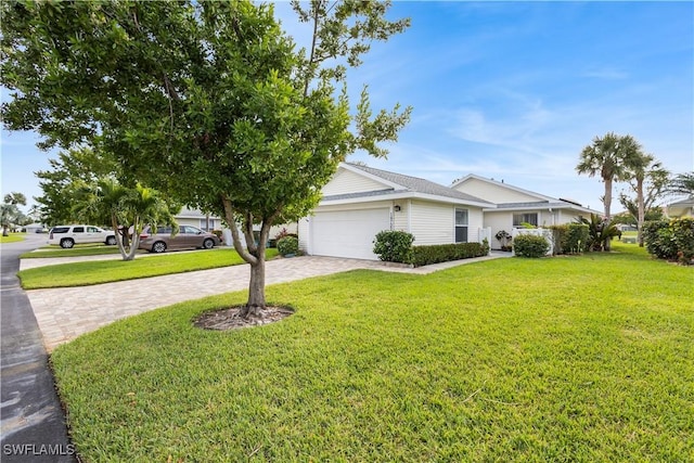 ranch-style house with decorative driveway, an attached garage, and a front lawn