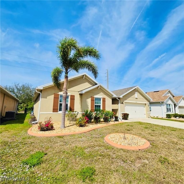 single story home featuring stucco siding, concrete driveway, central AC unit, a garage, and a front lawn