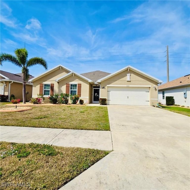 single story home featuring driveway, an attached garage, a front lawn, and stucco siding