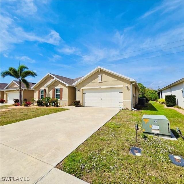 single story home featuring a garage, concrete driveway, a front yard, and stucco siding