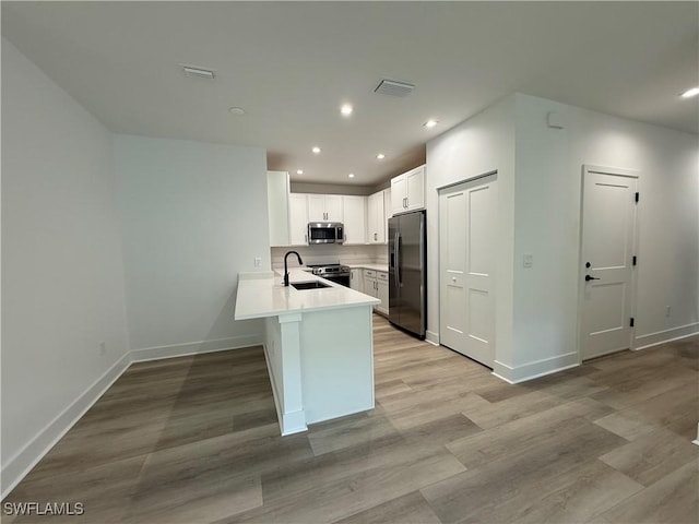 kitchen featuring light wood-type flooring, kitchen peninsula, white cabinetry, stainless steel appliances, and sink