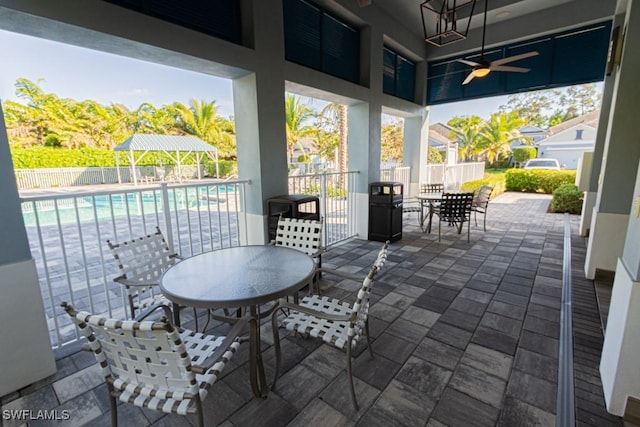 view of patio / terrace with a fenced in pool and ceiling fan