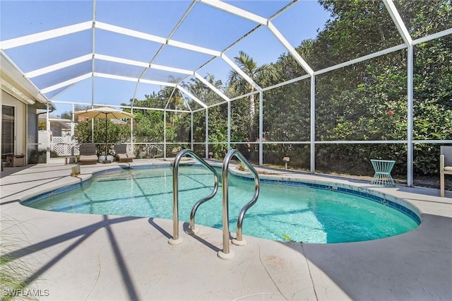 pool with glass enclosure and a patio area