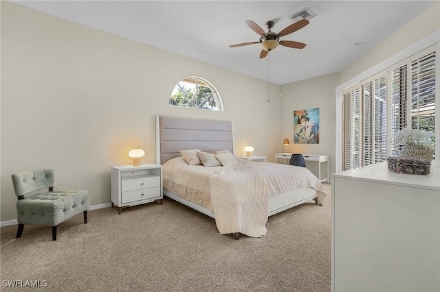 bedroom with visible vents, carpet flooring, a ceiling fan, and baseboards