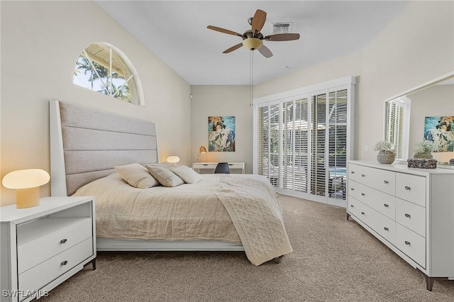 bedroom with access to outside, visible vents, a ceiling fan, and light colored carpet