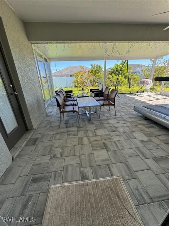 view of patio / terrace with a mountain view