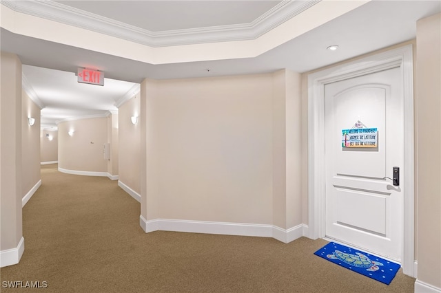 carpeted foyer entrance with baseboards, a tray ceiling, and crown molding