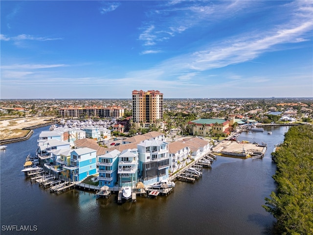 bird's eye view with a water view and a view of city