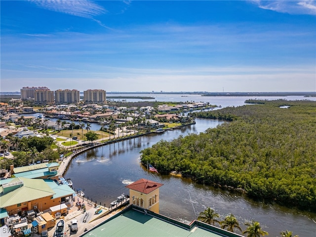 birds eye view of property featuring a water view and a city view