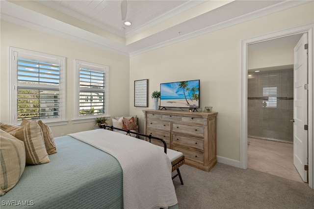 bedroom with baseboards, a raised ceiling, light colored carpet, crown molding, and recessed lighting