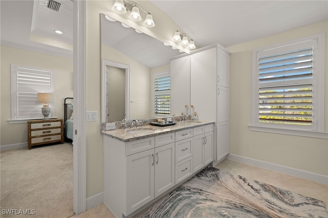 bathroom featuring a healthy amount of sunlight, double vanity, baseboards, and a sink