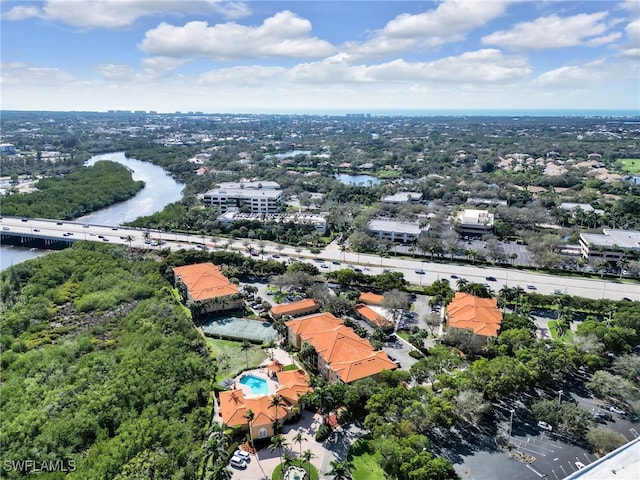 drone / aerial view featuring a water view