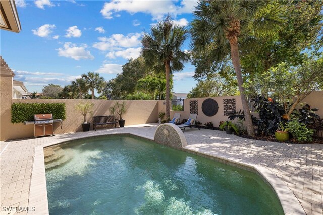 view of swimming pool featuring a fenced backyard, a grill, and a patio area