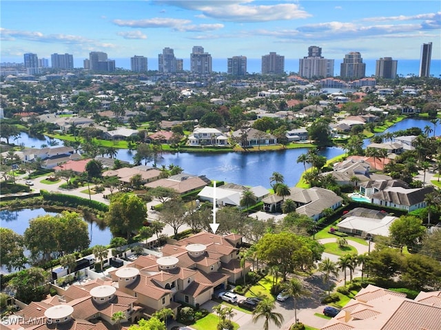 aerial view of residential area featuring a large body of water and a skyline view