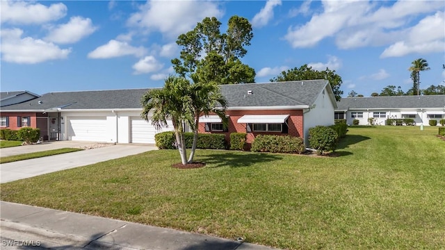 single story home featuring brick siding, a front lawn, concrete driveway, roof with shingles, and an attached garage