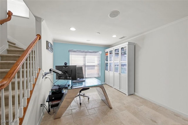 office with visible vents, crown molding, baseboards, recessed lighting, and stone tile floors