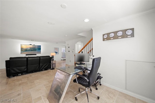 office area featuring baseboards, recessed lighting, stone finish flooring, and ornamental molding
