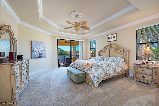 13789 Callisto Ave, Naples, FL 34109 - bedroom with light colored carpet, a tray ceiling, ornamental molding, access to outside, and ceiling fan