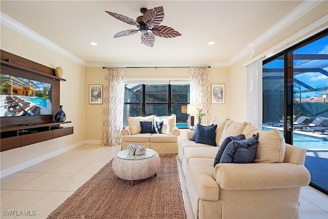 13789 Callisto Ave, Naples, FL 34109 - living room with light tile patterned floors, ornamental molding, a ceiling fan, and recessed lighting